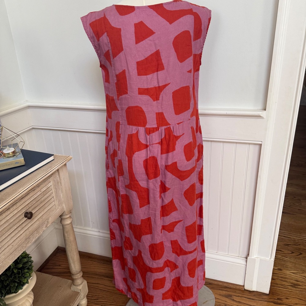 FOIL Pink Red Abstract Geometric 100% Linen V-Neck Sleeveless Midi Dress Size 4 - Picture 3 of 7